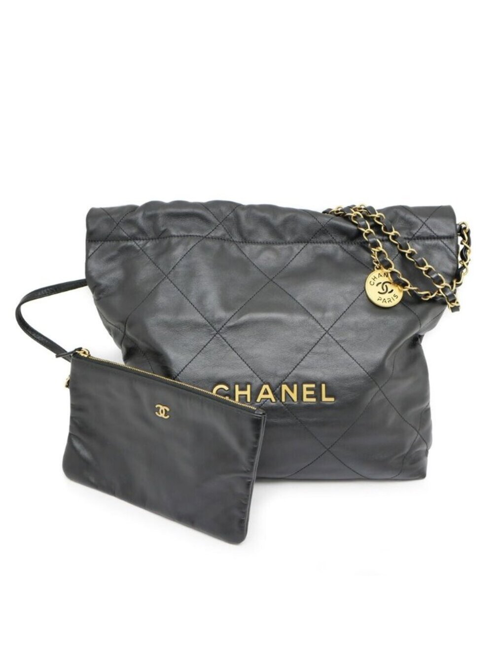 Chanel 22 Small Handbag Black Gold Calfskin Chain